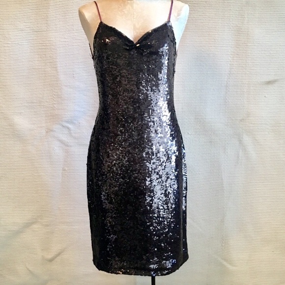 Vintage Dresses & Skirts - VTG S 90s Dress Purple Sequin Silk Backless Gown